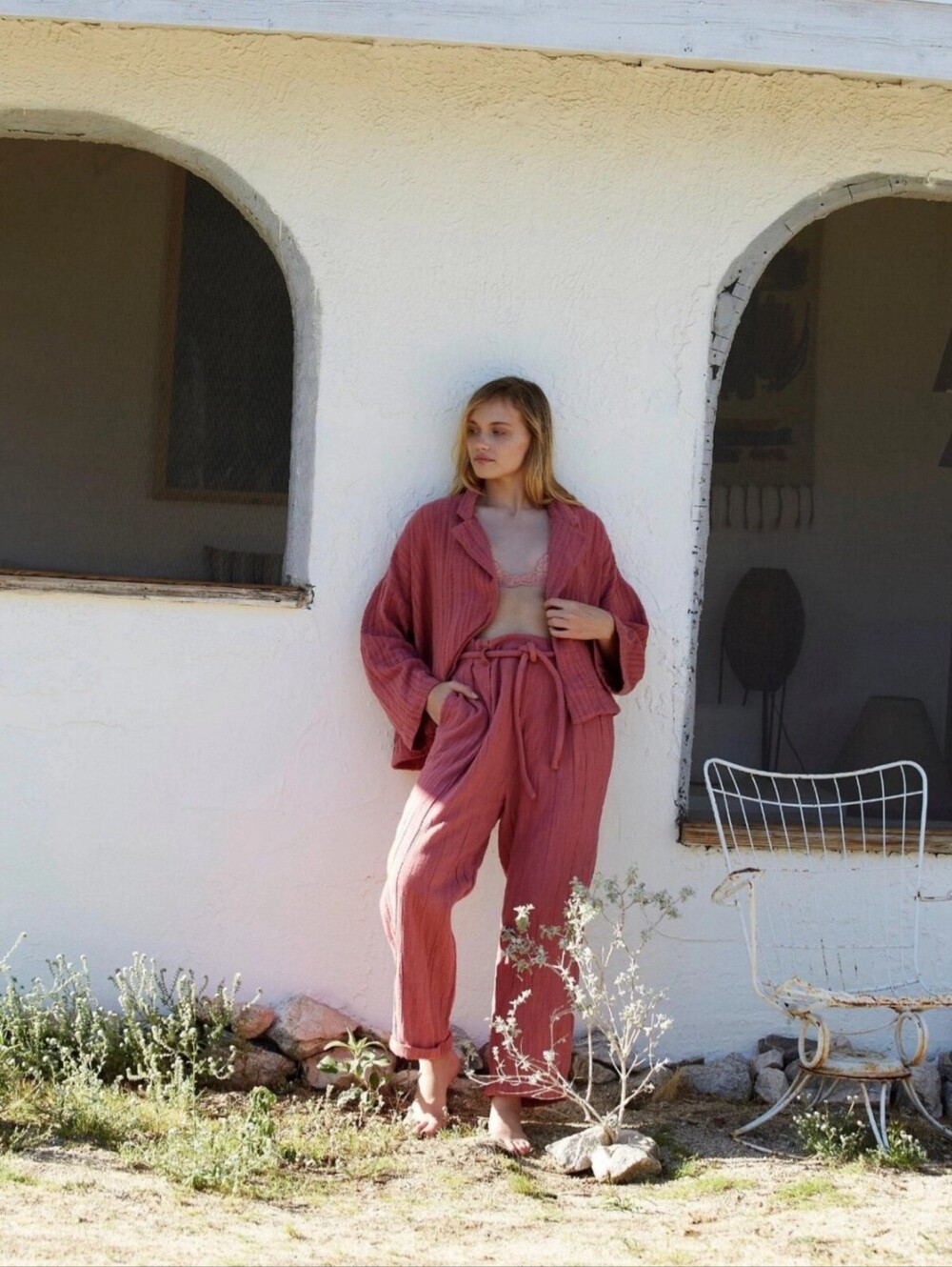Free‎ People Dusty Rose Two-Piece Cotton Set - Jacket & Tie Waist Pants Medium